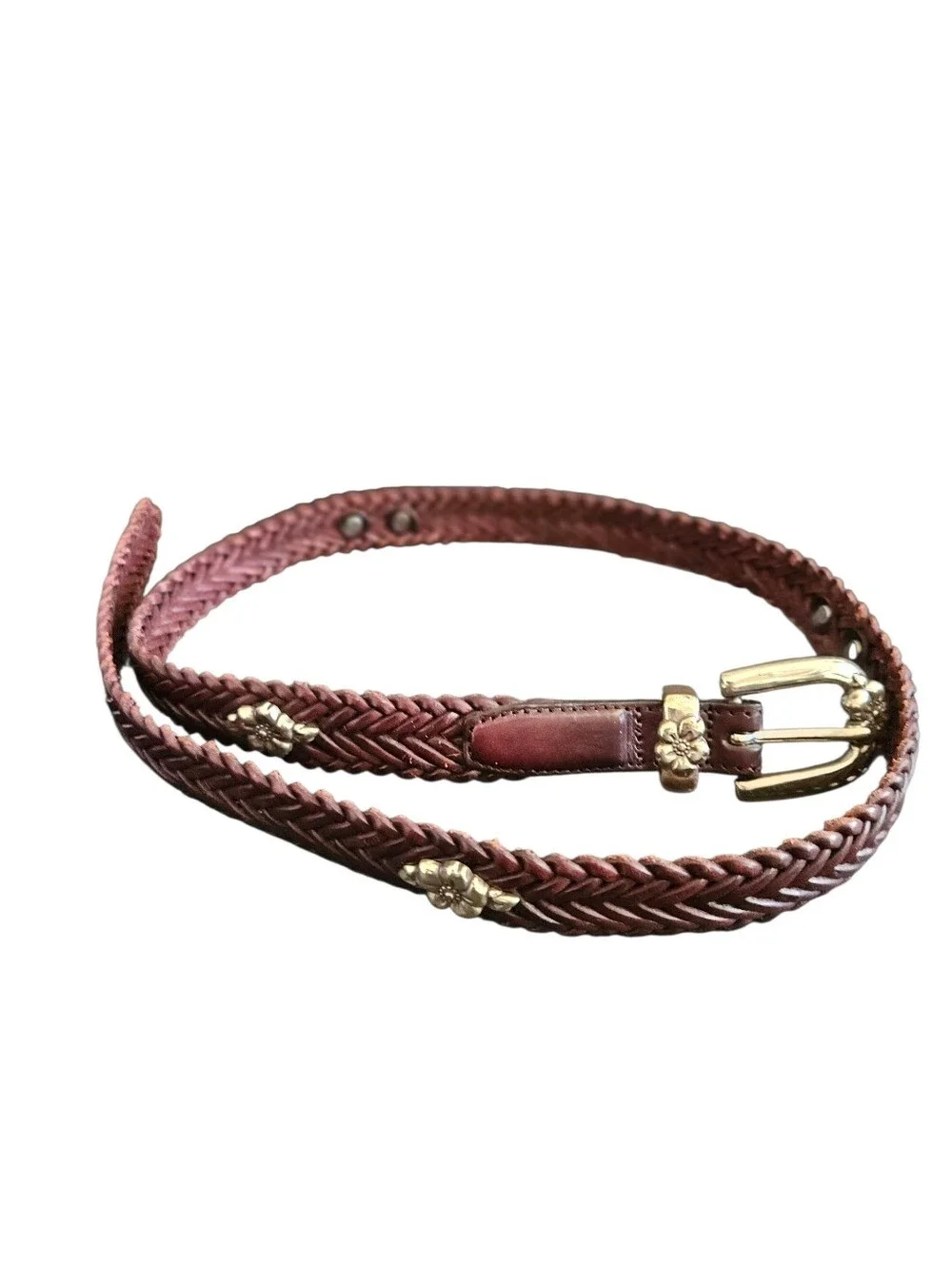 Vintage Brighton Women's Western Brown Leather Braided Flower Concho Belt Size L